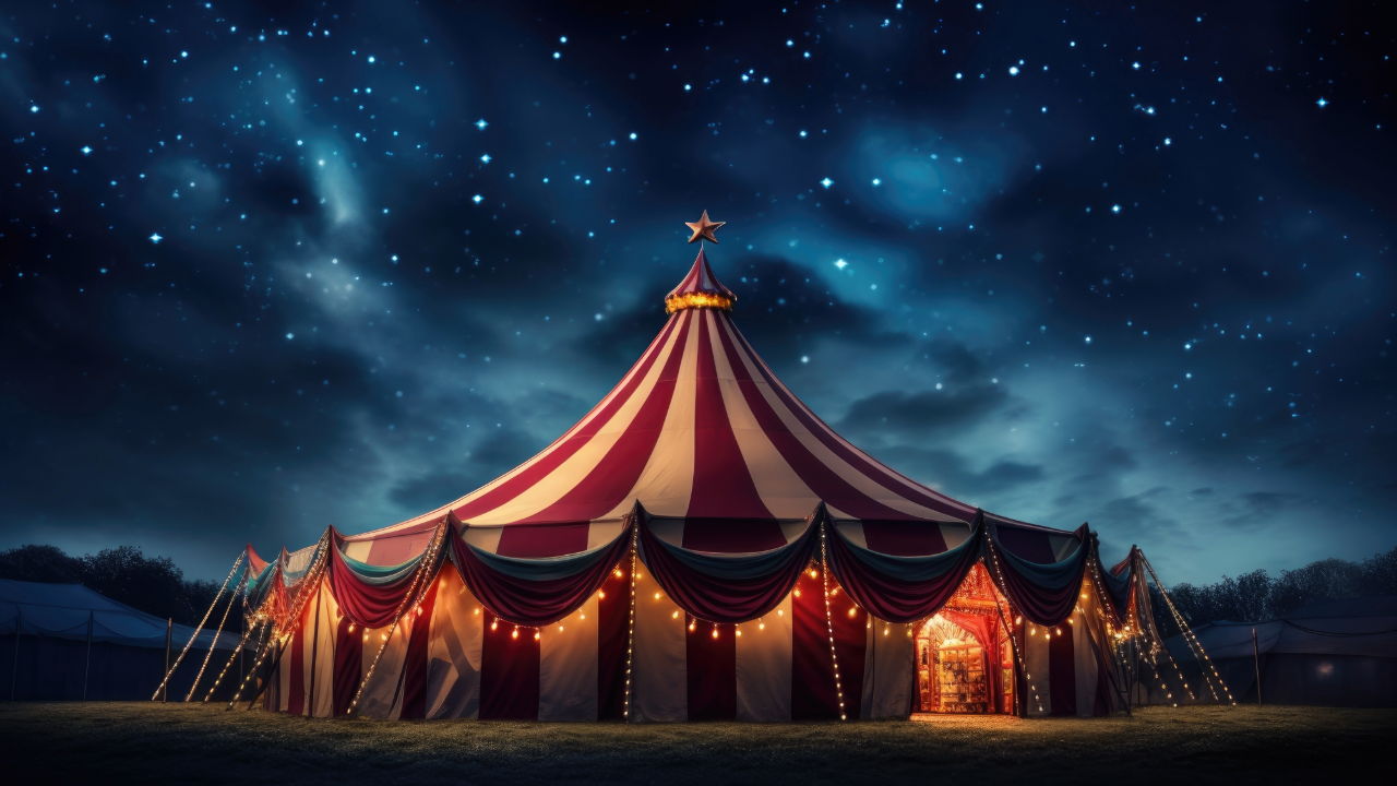 Striped circus tent glowing under stars – hero image for Three Little Birds website