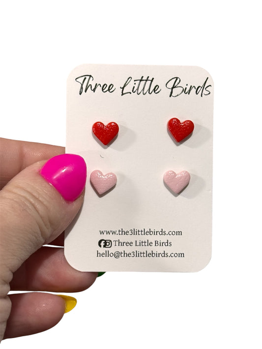 Pink and Red Heart Stud Duo