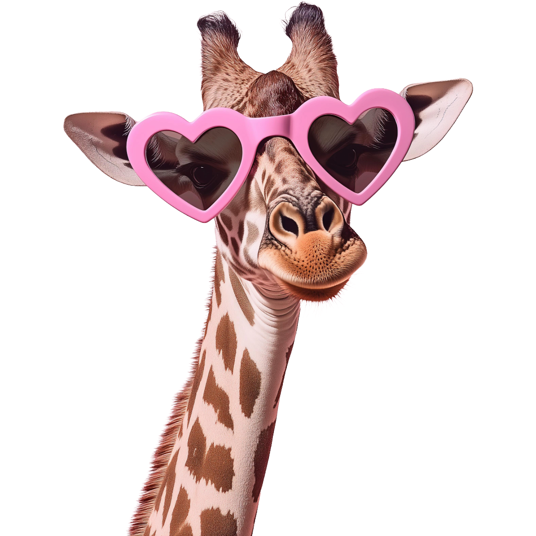 Giraffe wearing pink heart-shaped sunglasses, representing step three: Wear it like you mean it